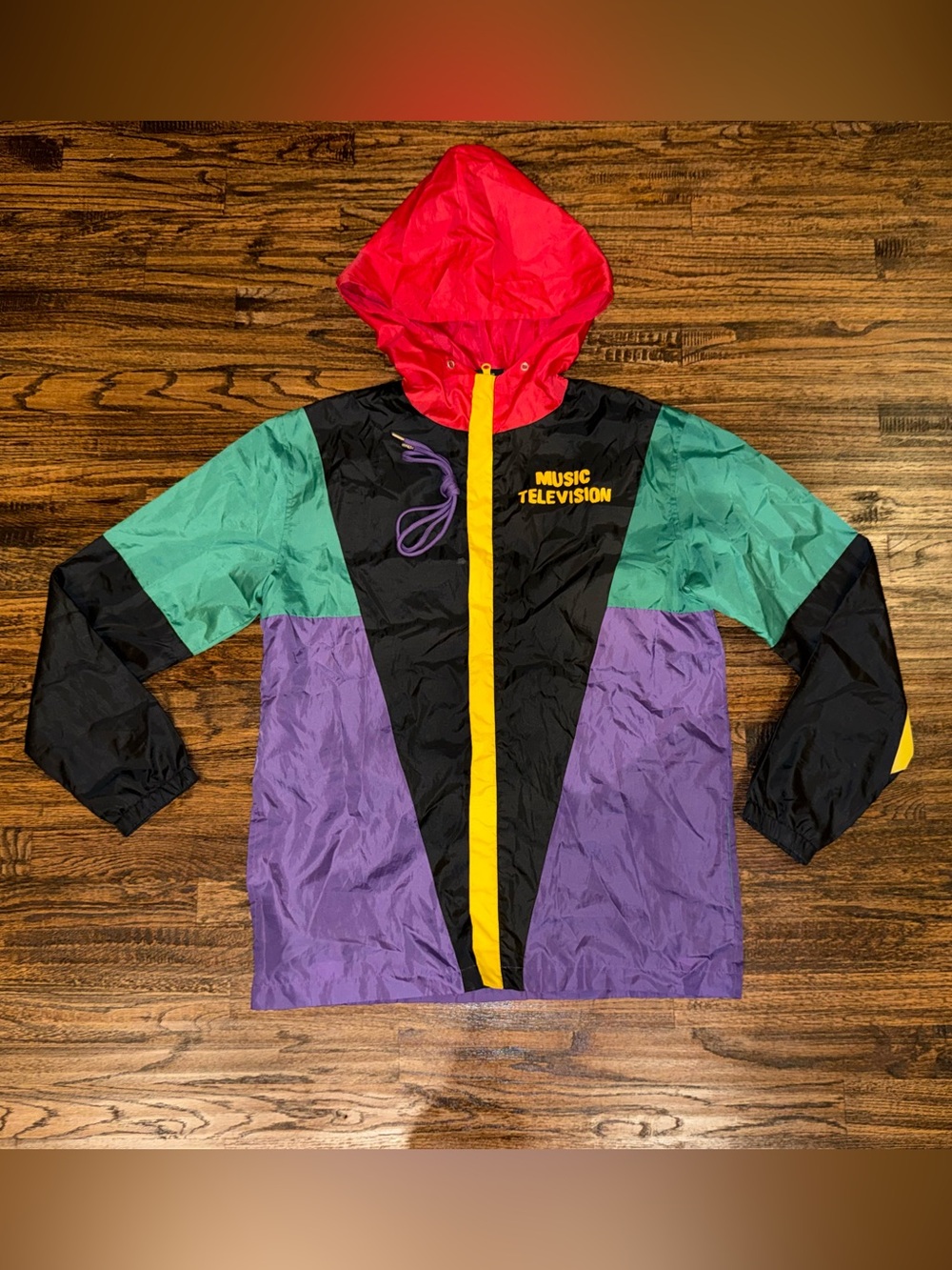 MTV Retro-Themed Colorblock Lightweight Hooded Windbreaker Jacket Size Medium